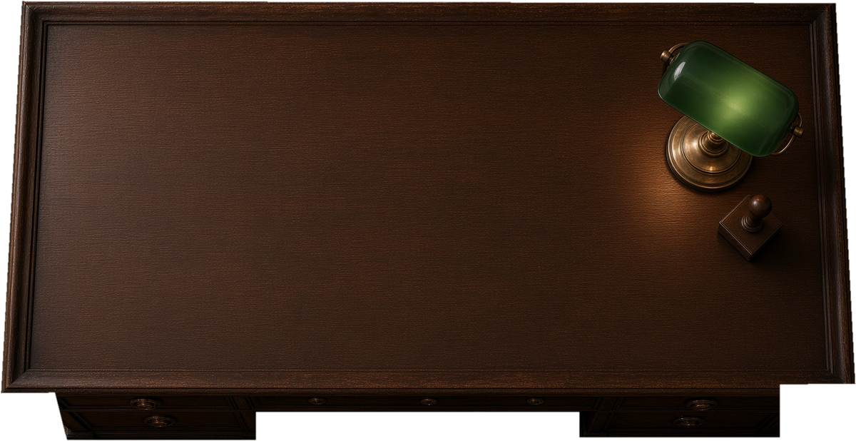 A partner's desk seen from above, lit by a green banker's lamp, with three published notes laid on it.