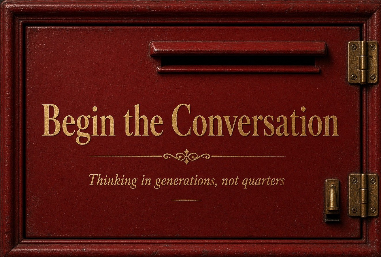 A brass-hinged post box door engraved: Begin the Conversation. Thinking in generations, not quarters.